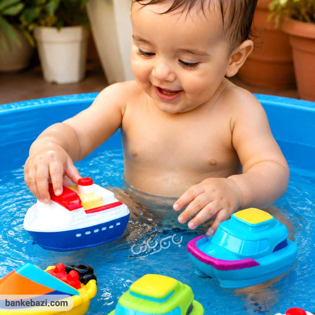 کودک در حال بازی با پوپت سیلیکونی حمام طرح قایق 6 عددی